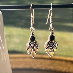 Vintage Sterling Silver Leaf Fan Drop Earrings 925 Black Stone
